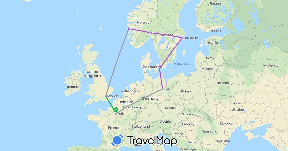 TravelMap itinerary: driving, bus, plane, train in Germany, Denmark, France, United Kingdom, Norway, Sweden (Europe)